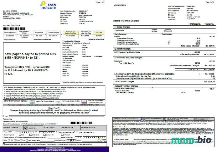 Szablon India Tata Indicom rachunek za media w formatach Word i PDF, 2 strony